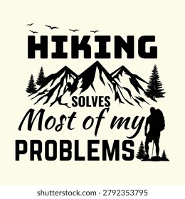 Typography design with hiking quote and mountain landscape silhouette
