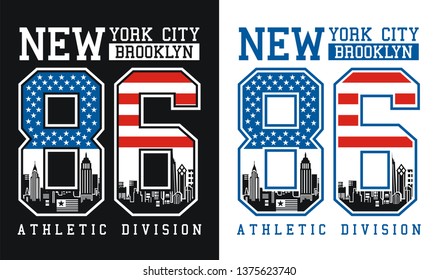 Typography design New York City Brooklyn 86 USA flag style  for t-shirt print and other uses. Vector image design.