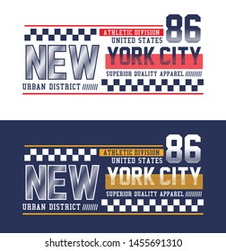 Typography design New York City . T-shirt graphics with race flag. Vector illustrations