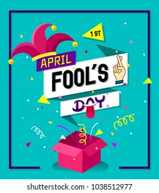 Typography design on origami speech buble with jester hat,fingers crossed-April fool’s day background design concept.Vector Illustration.