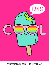 “I AM SO COOL” typography design with popsicle cartoon illustration for greeting card design.