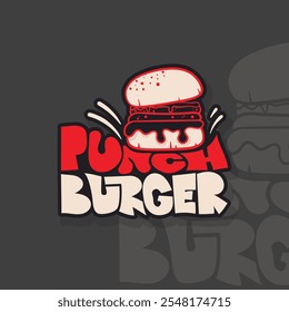 Typography design of punch burger with burger fall into text design for burger street food campaign. Burger fast food advertisement design