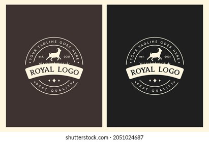 Typography Design with Running Goat Silhouette. Logo and Badge Template for Dairy and Milk Farm Business - shop, Market, Packaging, and Menu. Vintage Emblem. Isolated on Black Background.