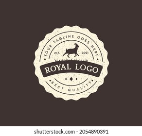 Typography Design with Running Goat Silhouette. Logo and Badge Template for Dairy and Milk Farm Business - shop, Market, Packaging, and Menu. Vintage Emblem. Isolated on Black Background with Texture.