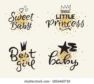 Typography design set for babies clothes, t-shirts, birthday, baby shower, nursery decorations. Calligraphy vector isolated.