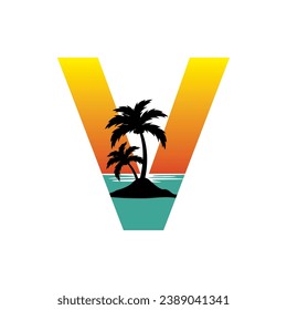Diseño tipográfico de la ilustración del vector atardecer en forma de letra V para vacaciones, viajes de negocios, logotipo.