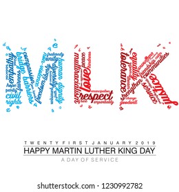 Typography design with words on the text MLK in American Flag colors on an isolated white background