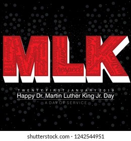 Typography design with words on the text MLK in red with a white block shadow on a black background