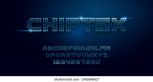 Typography Digital Chip Design Concept Vector. Printed Circuit Board Style Font. Digits Space And System Technology Alphabets Single Line Typeface.