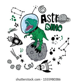 Typography Dinosaurs in space hand drawn color vector for graphic tees.  Sketch  Jurassic reptiles. print for textiles, clothes, t-shirts, wrapping paper and more