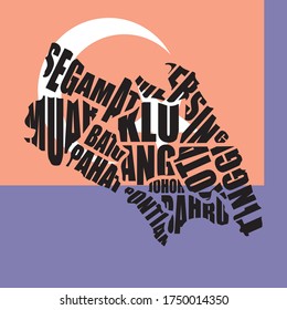 Typography district map vector of Johor or Johore state in Malaysia