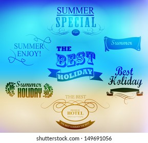 typography elements for Summer Holidays with background  /beach /calligraphic designs/ ornaments / labels
