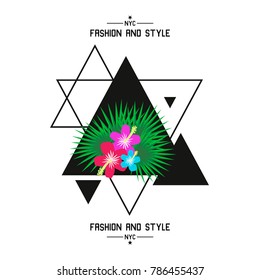 Typography, Fashionable and stylish summer design of t-shirts, covers, advertising. Tropical print with branches of the palm tree. Vector illustration.