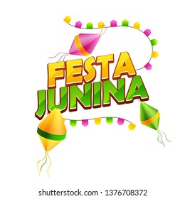 Typography of Festa Junina decorated with lanterns and bunting flags on white background. Can be used as greeting card or poster design.