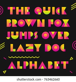 Typography font with bright gradient. Vector modern alphabet design for logo, poster, card, web banner. Geometric bright flat design alphabet illustration in retro 80s, 90s style