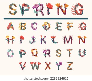 Typografisches Schriftdesign mit floraler, blattdekoration. Kreatives Alphabet mit Frühling, Sommer-Naturelemente, Vektorgrafik. Briefe mit Blütenpflanzen, Blumen und Blütenblätter