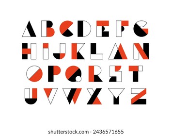 Fuente de tipografía con alfabeto geométrico. Diseño abstracto moderno de la tipografía con las letras en estilo de la geometría. Conjunto de caracteres y dígitos ingleses, ilustración vectorial