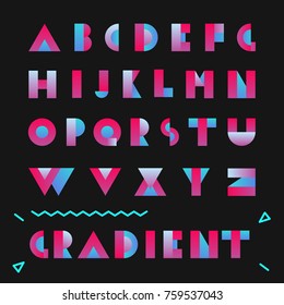 Typography font with gradient. Vector modern alphabet design for logo, poster, card, web banner. Geometric bright flat design alphabet illustration in retro 80s, 90s style