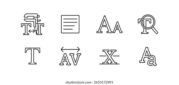 Tipografía, conjunto de iconos de contorno de fuente. texto, tipo y símbolos de alfabeto colección de línea