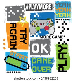 Typography Game pixel print. Game illustration. boys background  For print, baby clothes, t shirt, child or posters