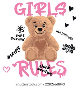 . typography Girls print with slogan and teddy bear. hand drawn toy bear, cute girls vector background for graphic tees, kids wear. apparel, surface print and more
