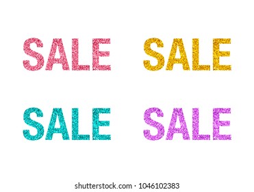 Typography glitter sale. Pink, gold, blue, purple colors. 
