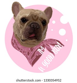  Typography graphic print with cute French bulldog. Abstract fashion drawing for t-shirts. Сreative design. Illustration in modern style for clothes.