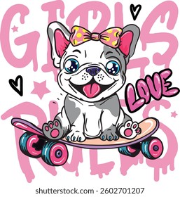 Typography graphic print with cute French bulldog. Abstract fashion drawing for t-shirts. creative design for girls. Illustration in modern style for clothes.