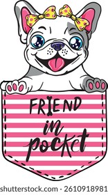 Typography graphic print with cute French bulldog. Abstract fashion drawing for t-shirts. creative design for girls. Illustration in modern style for clothes. 
