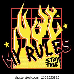 Typography graphic print with fire, Abstract boys drawing for t-shirts. creative design for girls. Fashion illustration in modern style for clothes. boys print