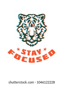 Typography graphic tee print vector illustration. T shirt design with stay focused slogan and tiger head silhouette.