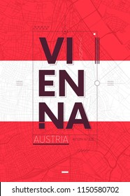 Typography graphics color poster with a map of Vienna, Vector travel illustration
