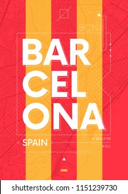 Typography graphics color poster with a map of Barcelona, Vector travel illustration