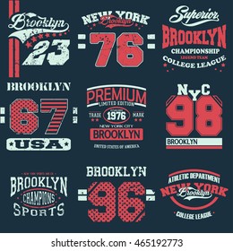 Conjunto de emblemas gráficos de tipografía, Diseño de impresión de camisetas. Impresión para prendas de vestir "Brooklyn", vectorial