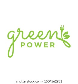 typography green power as a part of cable with plug and leaves, vector