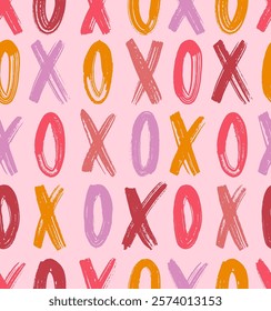 Typography with grunge letters X, O seamless pattern. Red and pink brush drawn capital letters with rough texture. Romantic pattern for Valentine's day. Color Bold font with dry brush grunge texture.