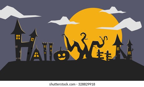 Typography for halloween, gothic haunted house, pumpkin, scary tree, super moon, siluette night illustration background