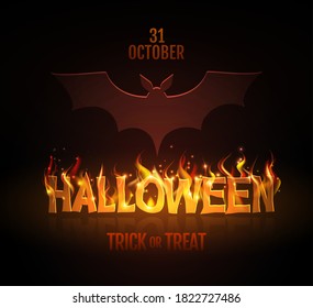 typography Halloween  party poster with burning letters and bat silhouette. Halloween background