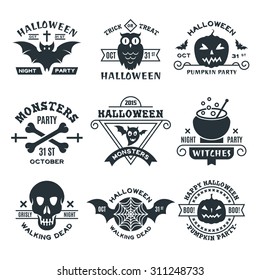 Typography Halloween Vector Badges Logos or Labels Pumpkin Ghost Scull Bones Bat Spider