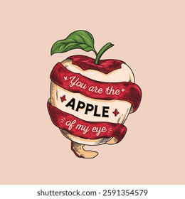 Typography hand drawing peeled apple with quote inside