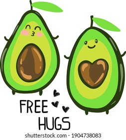 Typography hand drawn avocado print . Cute cartoon avocado with slogan - Free hugs. Background  for kids textile
