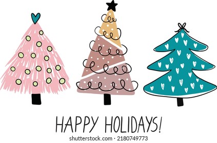 typography hand drawn christmas tree postcard