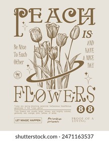 Typography with hand drawn Tulips flowers, bow, cosmic star, number mixed together slogan print, flower abstract, Graphic design print t-shirt fashion, vector, card, poster