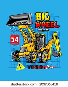 Typography hand-drawn construction machines with vector excavator illustration for boys and babies t-shirt graphic and other uses.