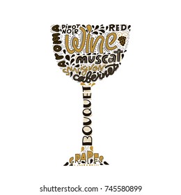 Typography handdrawn illustration with wine bocal silhouette and lettering. Vector graphic label with phrase on glass used for poster, banner, cards, prints, bar or restaurant menu