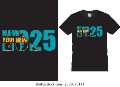 typography Happy New Year 2025 retro  typography, art stylish tshirt design. Festive Celebrations 2025 Modern typography t shirt design. black background shirt, mug, design ready for any print item.