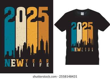 typography Happy New Year 2025 retro  typography, art stylish t-shirt design. Festive Celebrations 2025 Modern typography t shirt design. black background shirt, mug, design ready for any print item.