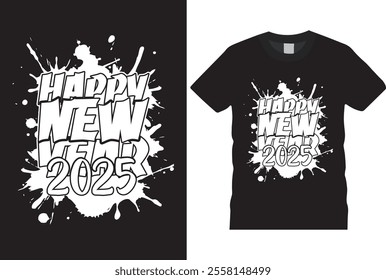 typography Happy New Year 2025 retro  typography, art stylish t-shirt design. Festive Celebrations 2025 Modern typography t shirt design. black background shirt, mug, design ready for any print item.