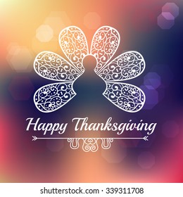 Typography Happy Thanksgiving abstract ornament turkey tail feathers ,autumn blur background