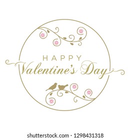 typography: happy valentine's day inside floral wreath with two little birds